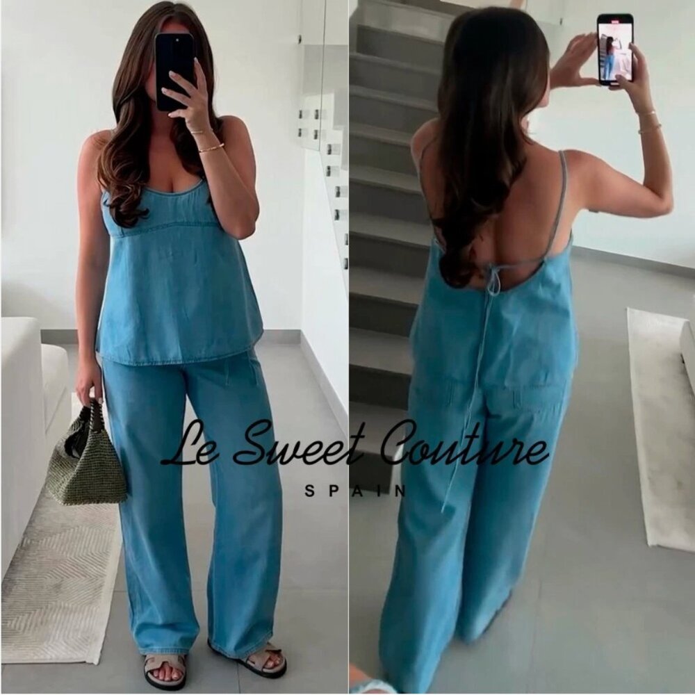 ZARA ZW WOMAN SS25 DENIM TOP PYJAMA TROUSERS PANTS COORD SET NEW NWT MEDIUM US4